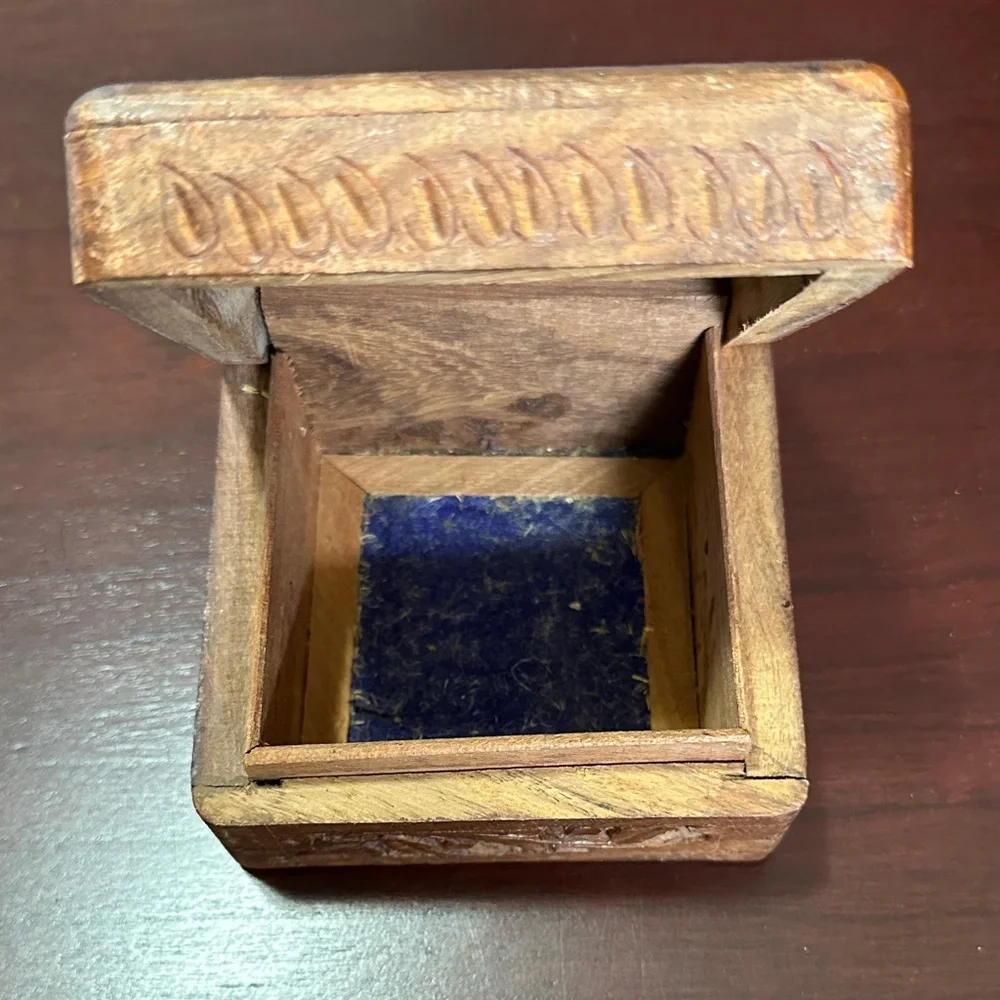 Carved Floral Wooden Trinket Box in Warm Brown